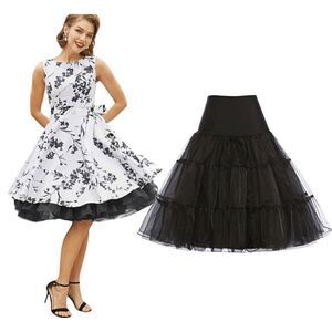 🖤🤍 2PCS Bundle Pinup Retro 1950s Floral Dress w/Belt & Petticoat SIZE L NEW